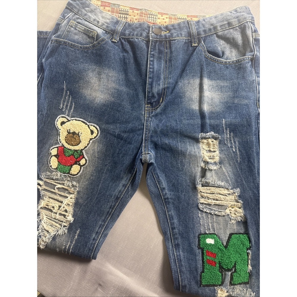 Mens Distressed Patchwork Jeans‎ Blue Denim Teddy Bear M Patch Streetwear 34